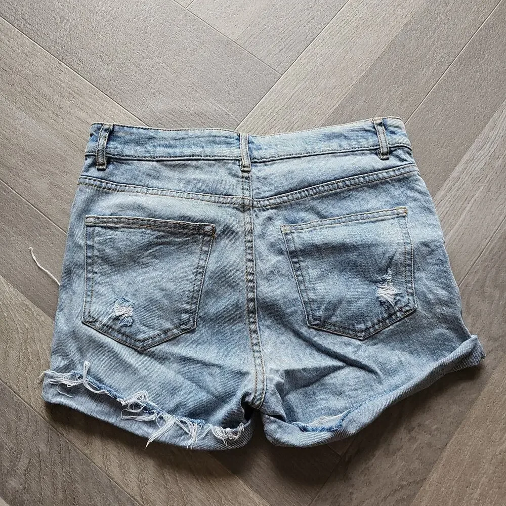 Ripped Distressed Denim Jean Shorts High‎ Waisted Cuffed Hem Blue H&M Size 6